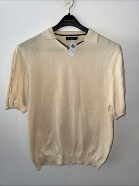 NWT Paul Fredrick Men's Cream Fine Knit Sweater Polo Shirt V-Neck Size XL